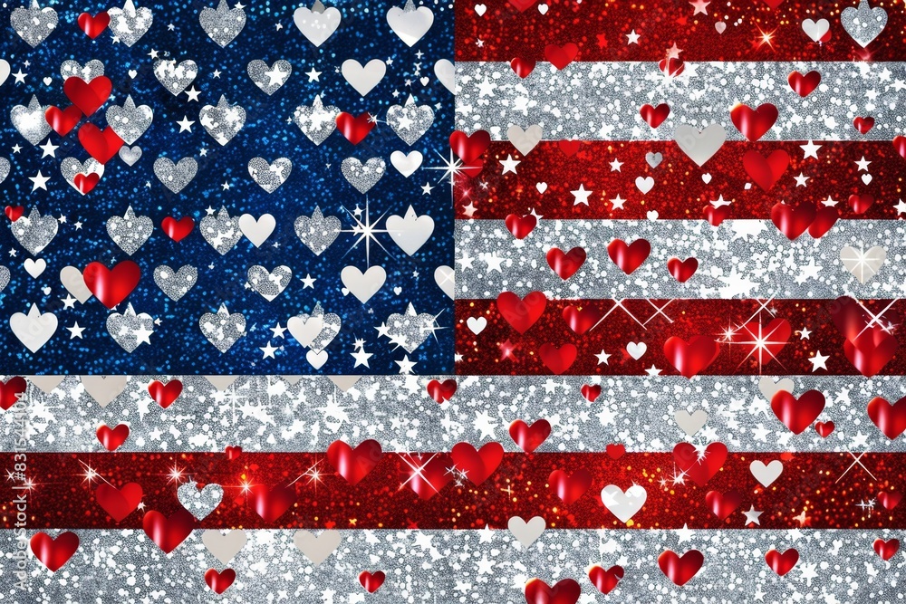 american flag glitter pattern with red white and blue hearts on the background Generative AI american flag glitter pattern with red white and blue hearts on the background Generative AI