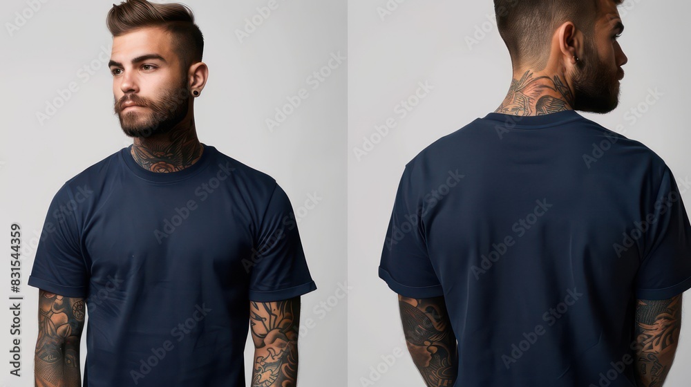 Cropped image of tattooed girl in dark blue tshirt, Male model wearing a dark navy blue half sleeves tshirt on a White background, front view and back view, top section cropped, Cropped image of tattooed girl in dark blue tshirt, Male model wearing a dark navy blue half sleeves tshirt on a White background, front view and back view, top section cropped,