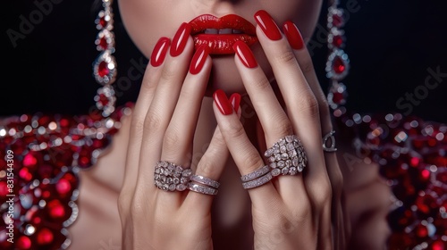 Beautiful woman with multiple arms coming out of her torso, perfectly manicured red nails, her multiple identical hands wearing diamond rings, jewelry advertisement photo