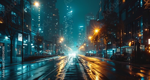 Traffic on a wet street at night in the City.