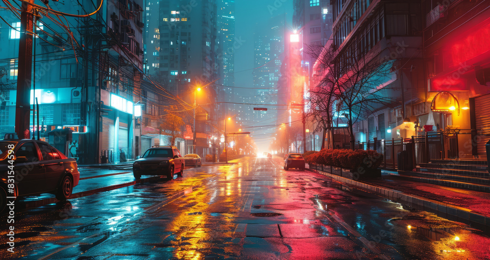 Traffic on a wet street at night in the City. Traffic on a wet street at night in the City.
