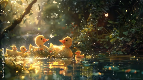 Plutus in a vibrant , baby ducklings beautiul scenery sparkling effects, background drawing anime-inspired characters and scenery photo