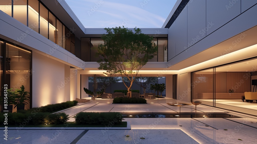 Fototapeta premium Modern archivolts with sleek lines frame a serene courtyard, enveloped in soft lighting, blending architecture and tranquility.
