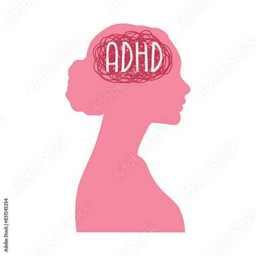 ADHD Attention disorder vector illustration of humans head silhouette with messy lines of thinks. Mental disorder icon