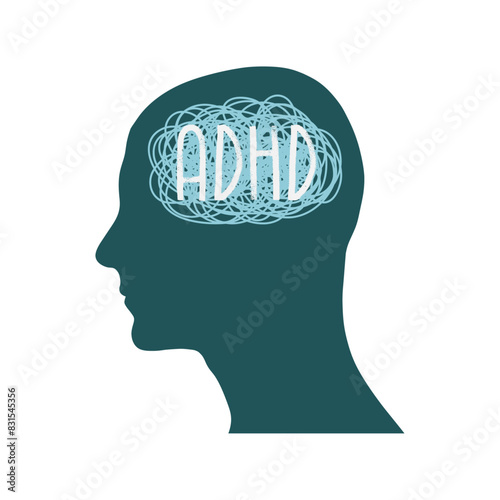 ADHD Attention disorder vector illustration of humans head silhouette with messy lines of thinks. Mental disorder icon
