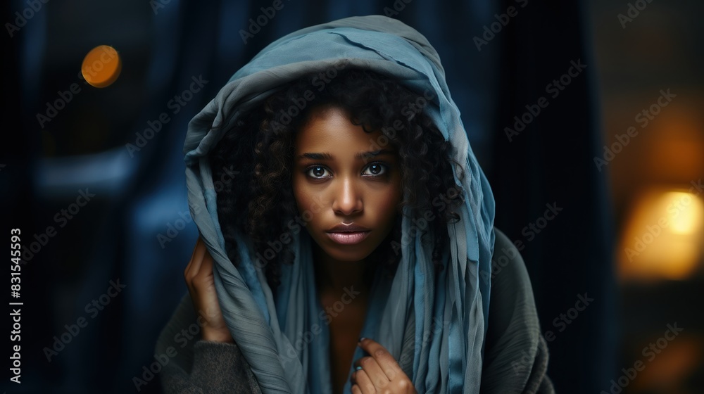 Close-up of an introspective woman wearing a hoodie, enveloped by a soft, warm light Close-up of an introspective woman wearing a hoodie, enveloped by a soft, warm light