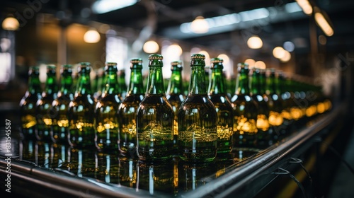 Beer production line with green glass bottles reflecting light, ready to be filled