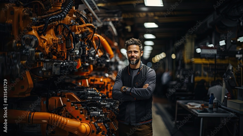 Confident male engineer with arms crossed standing in an industrial factory setting with machinery Confident male engineer with arms crossed standing in an industrial factory setting with machinery