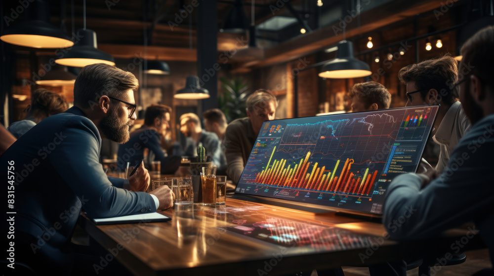 In a modern bar setting, professionals engage with a floating 3D holograph of financial charts and data