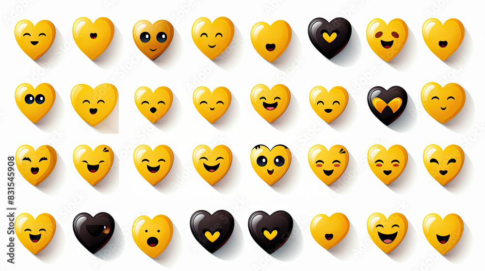 A collection of heart-shaped emojis with various emotions are displayed against a white background A collection of heart-shaped emojis with various emotions are displayed against a white background