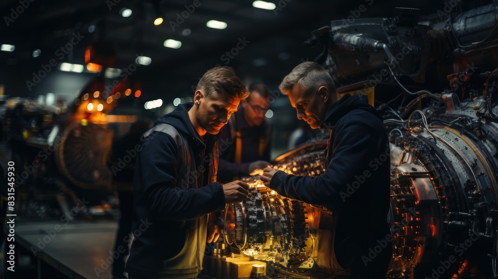 Two engineers appear intensely focused on an aircraft engine in a hangar, illuminated subtly Two engineers appear intensely focused on an aircraft engine in a hangar, illuminated subtly