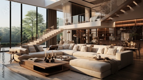 A spacious and luxurious living room with large sectional sofa and panoramic windows overlooking a forest © AS Photo Family