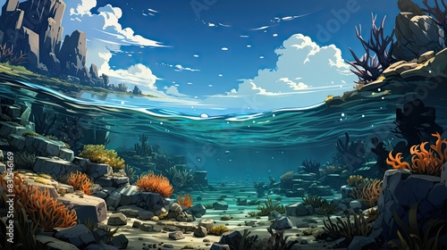 A colorful, illustrated underwater scene with clear blue water, abundant marine flora, and rocky formations