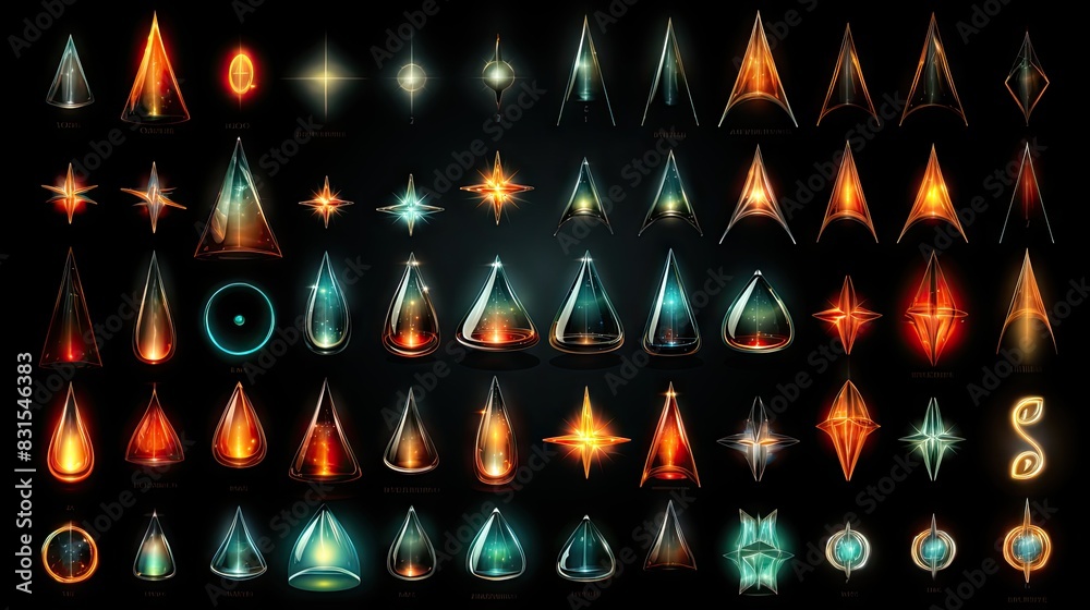 Obraz premium Diverse array of stylized, colorful magic spell and element effects, suitable for fantasy themes