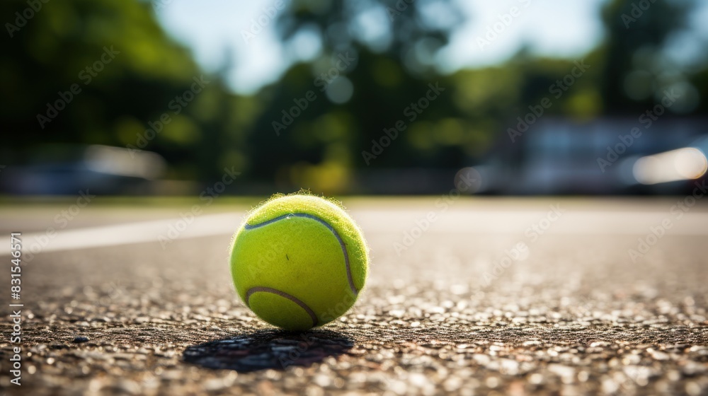 A close-up shot of a tennis ball on asphalt, with road and cars in the background