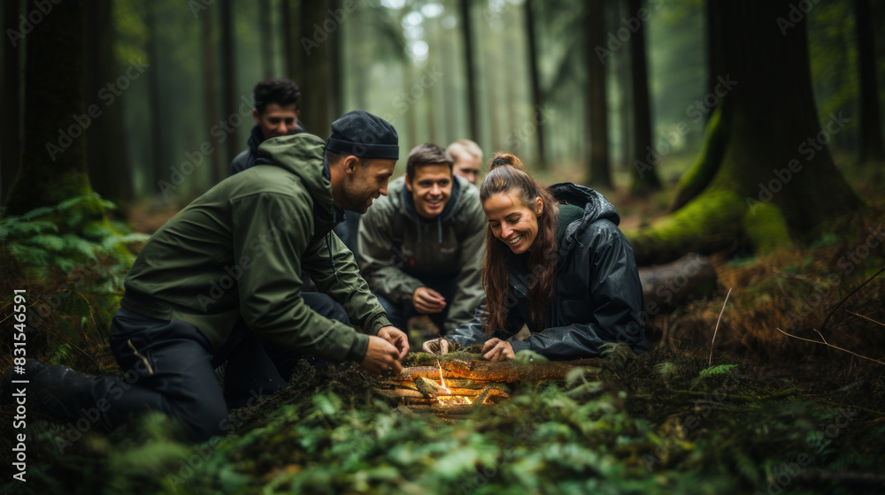 A group of friends engages in teamwork to build a campfire in a misty forest, symbolizing adventure, friendship, and outdoors experience