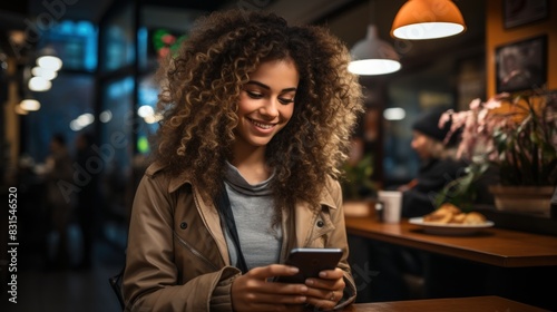 A cheerful young woman is immersed in her smartphone in a cafe ambiance, indicative of technology, connectivity, and relaxation photo
