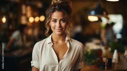 A striking young woman poses confidently, conveying beauty and professionalism, perfect for welcoming guests in a restaurant setting