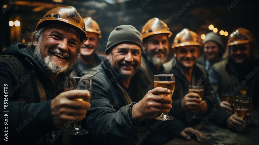 Group of cheerful miners in hard hats toast with beer glasses in a dimly lit bar