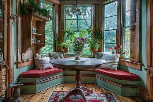 A charming breakfast nook with a bay window and a round table.