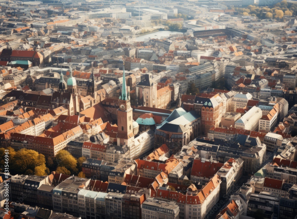 Fototapeta premium Aerial city view with crossroads and roads, houses, buildings, parks and parking lots. Sunny summer panoramic image.