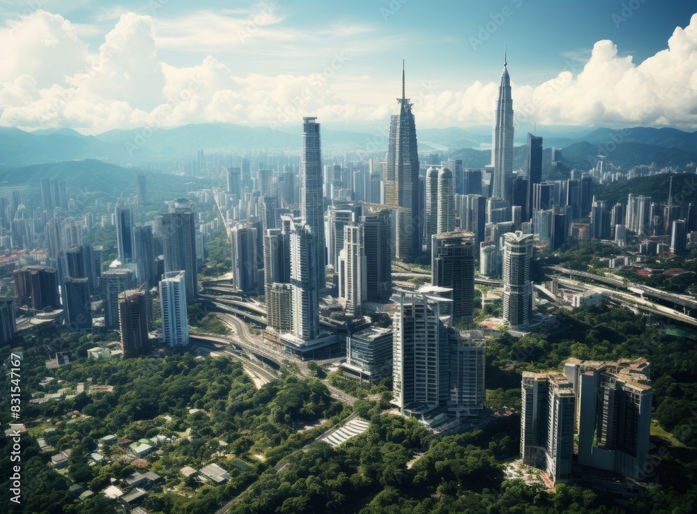 Fototapeta premium Futuristic city with a blue sky and clouds