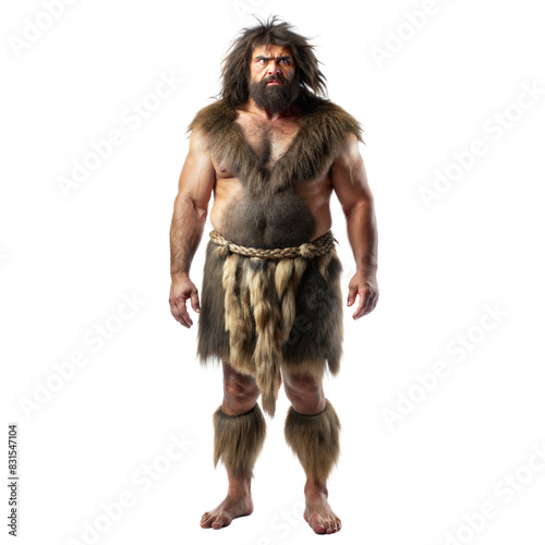 A primitive man wearing animal skins poses confidently with a transparent background
