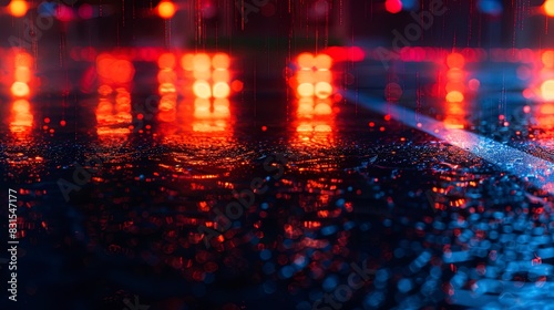 Dark night street, wet asphalt, neon reflection in the water.