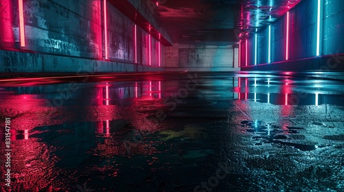 Dark night street, wet asphalt, neon reflection in the water. © MiaStendal