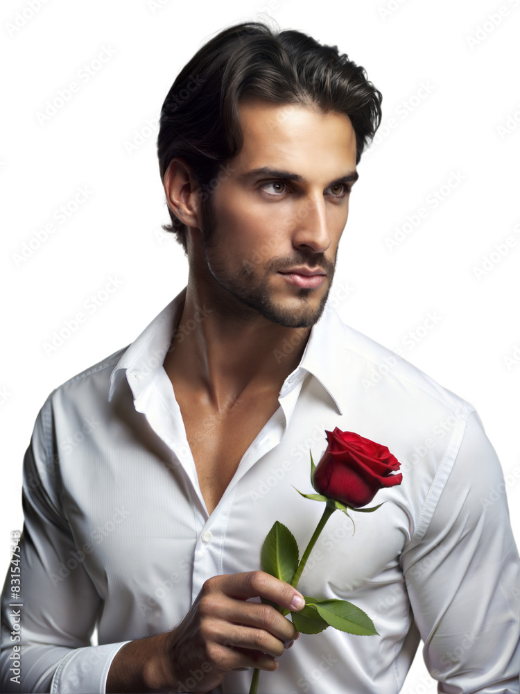 Man in white shirt holding a red rose, looking to the side, with a transparent background Man in white shirt holding a red rose, looking to the side, with a transparent background