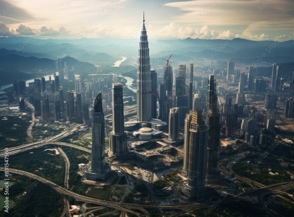 Naklejka premium Futuristic city with a blue sky and clouds