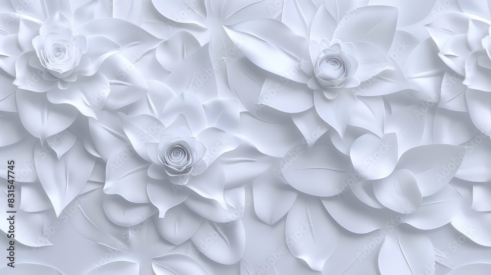 White geometric floral leaves 3d tiles wall texture background illustration banner panorama White geometric floral leaves 3d tiles wall texture background illustration banner panorama