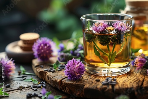 a glass of milk thistle oil and fresh thistle flowers on a wooden table  promoting herbal supplement benefits