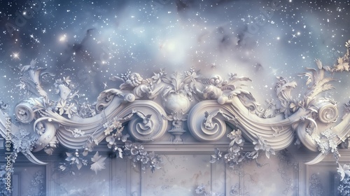 A romantic entablature with dreamy nature carvings and gentle swirls, bathed in starlight, creating enchantment. photo