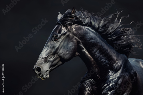 Galloping black horse on dark background