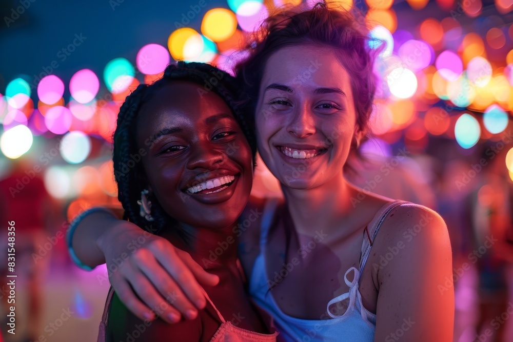 Black woman and white girl are smiling, posing for a photo at a music festival. They are dressed in casual clothing. Black woman and white girl are smiling, posing for a photo at a music festival. They are dressed in casual clothing.