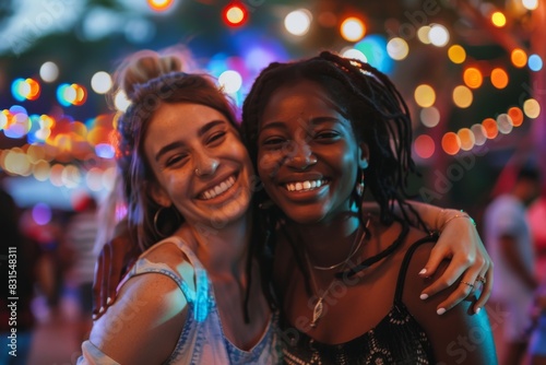 Black woman and white girl are smiling, posing for a photo at a music festival. They are dressed in casual clothing.