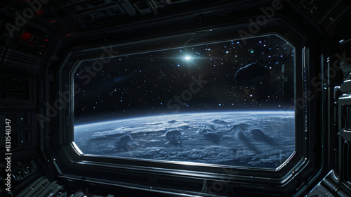 Fototapeta Naklejka Na Ścianę i Meble -  View from the window of a spaceship to space, the Moon, and the limitless universe. Rectangular porthole of a black room with a comic landscape. Scientific concept, space flights.