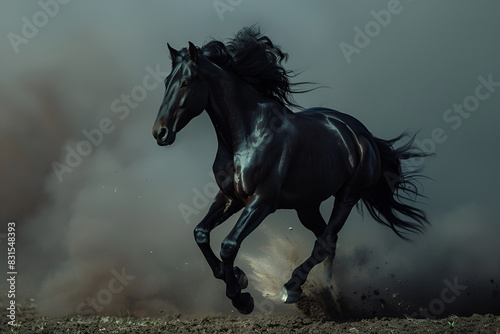 Galloping black horse on dark background © Amal