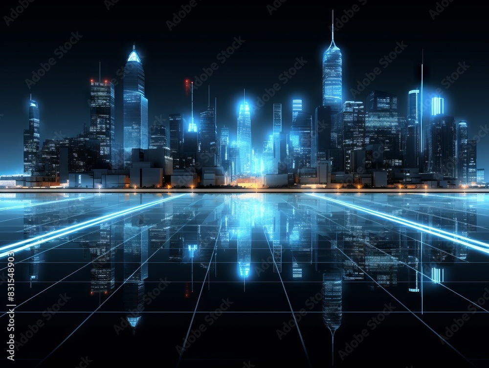 Fototapeta premium Night city view with neon lights and reflections