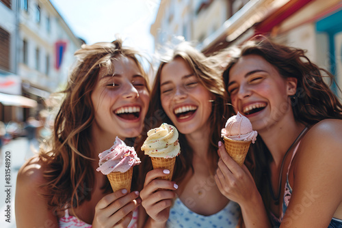  Group of happy women eating ice cream outdoors at city urban street- Three old and young friends girls having fun and walking together outside