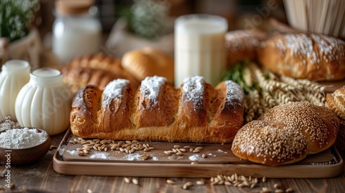 cultural festive decor, wheat and dairy symbols on the shavuot table hold cultural importance, representing tradition and heritage photo