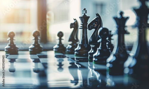 Macro close-up photo of a chess desk and figures, DOF tilt-shift photo