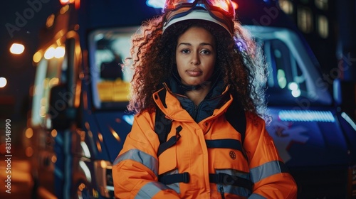 A portrait of an attractive mixed race paramedic woman standing in front of her ambulance at night, 