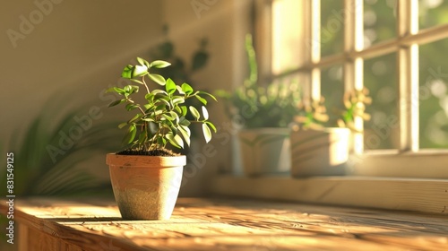 A potted plant sits on a wooden table in a room. The plant is green and has a leafy appearance. The table is made of wood and is situated in a room with a window