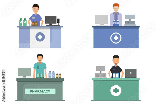 Pharmacy with pharmacist in counter.