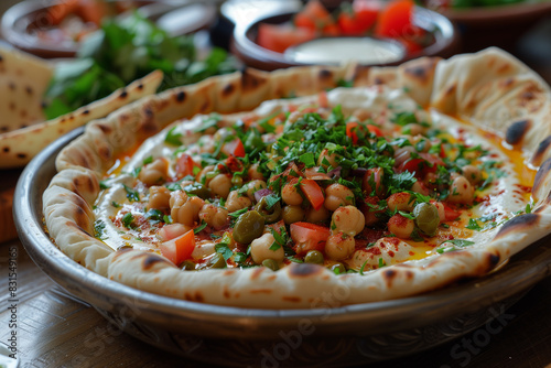 Bowl Filled With Israeli Sabich, Pita, Eggplant, and Chickpeas photo