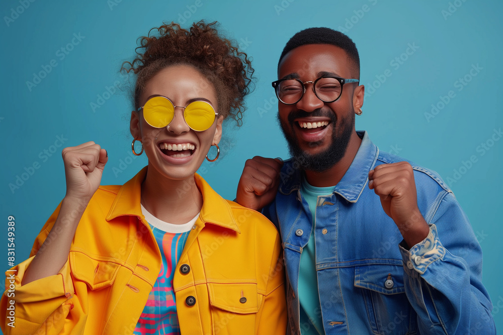 Happy Couple Celebrating Against Blue Wall in Colorful Outfits During Daytime Happy Couple Celebrating Against Blue Wall in Colorful Outfits During Daytime