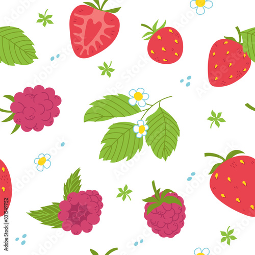Seamless pattern with strawberries, raspberries, flowers and leaves. Berries. Freehand vector illustration