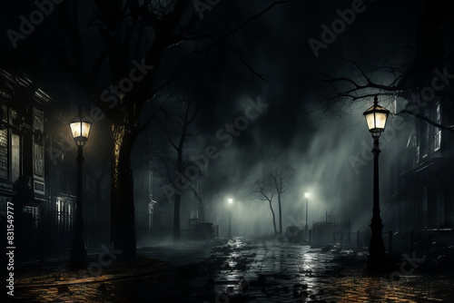 Night street with fog in the city.